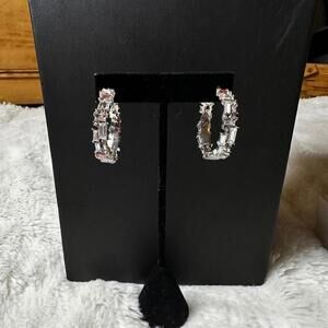 Silver Rhinestone Hoop Earrings 1.25”